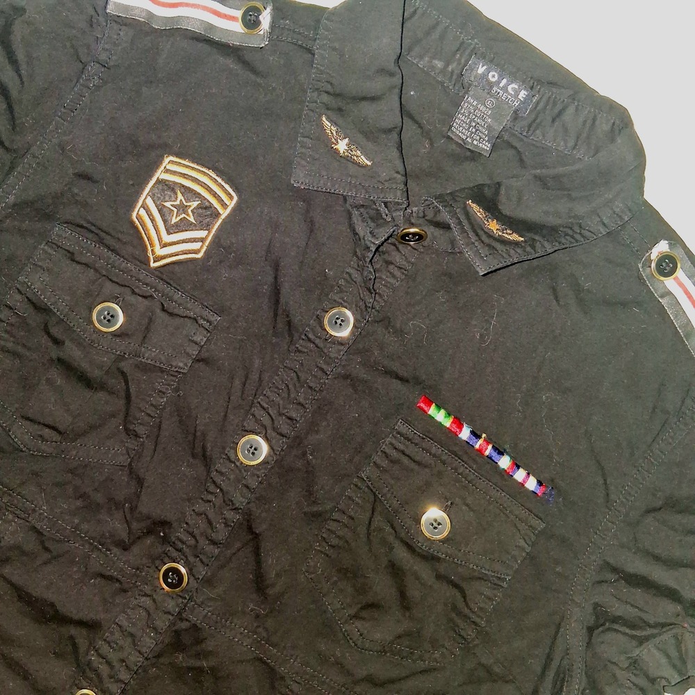 Voice Short Sleeve Top Military Embellished Button Down‎ Black Shirt